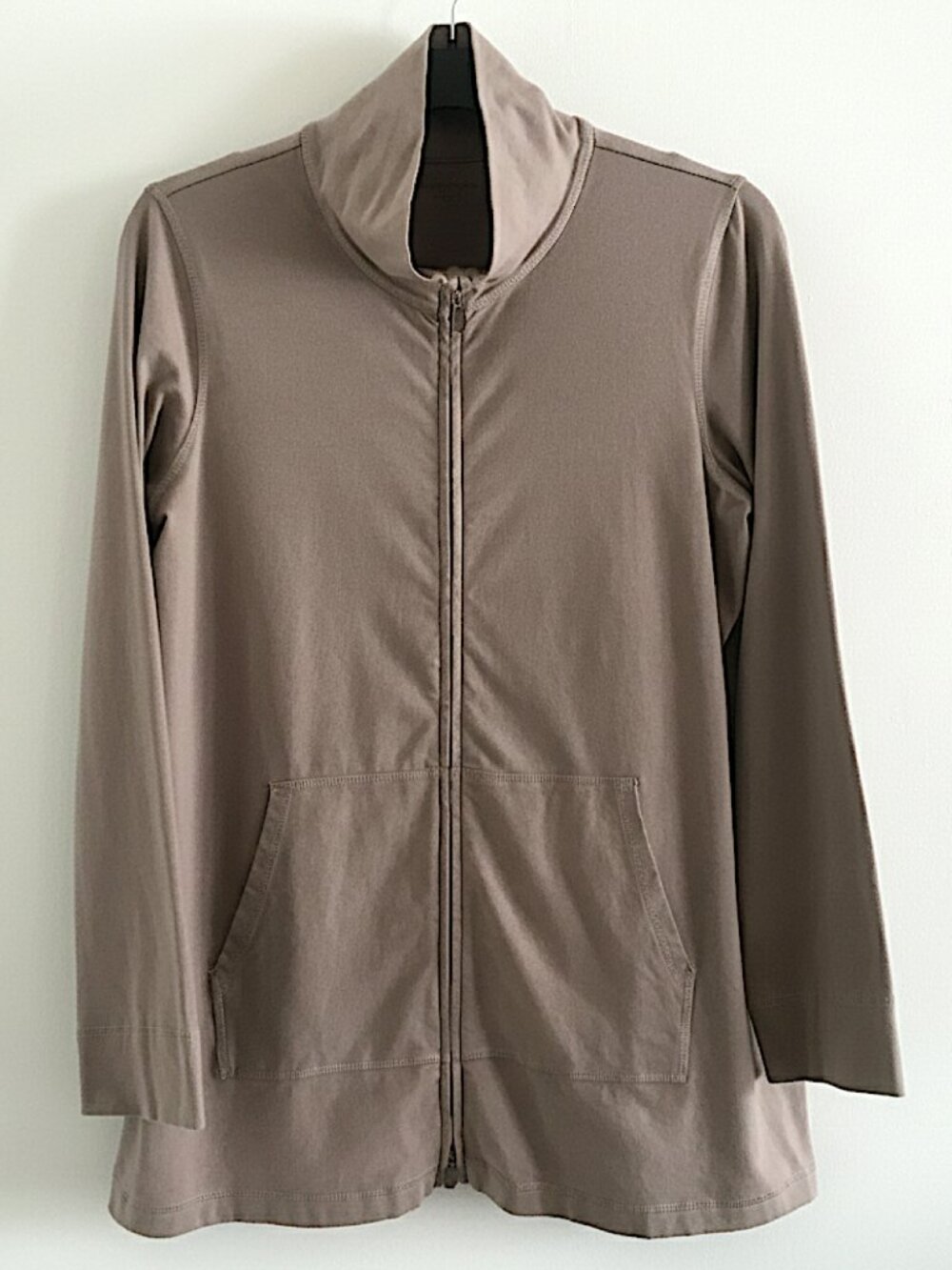 Eileen Fisher Organic Cotton Stretch Jersey Zip Up Jacket Sweatshirt in Stone L